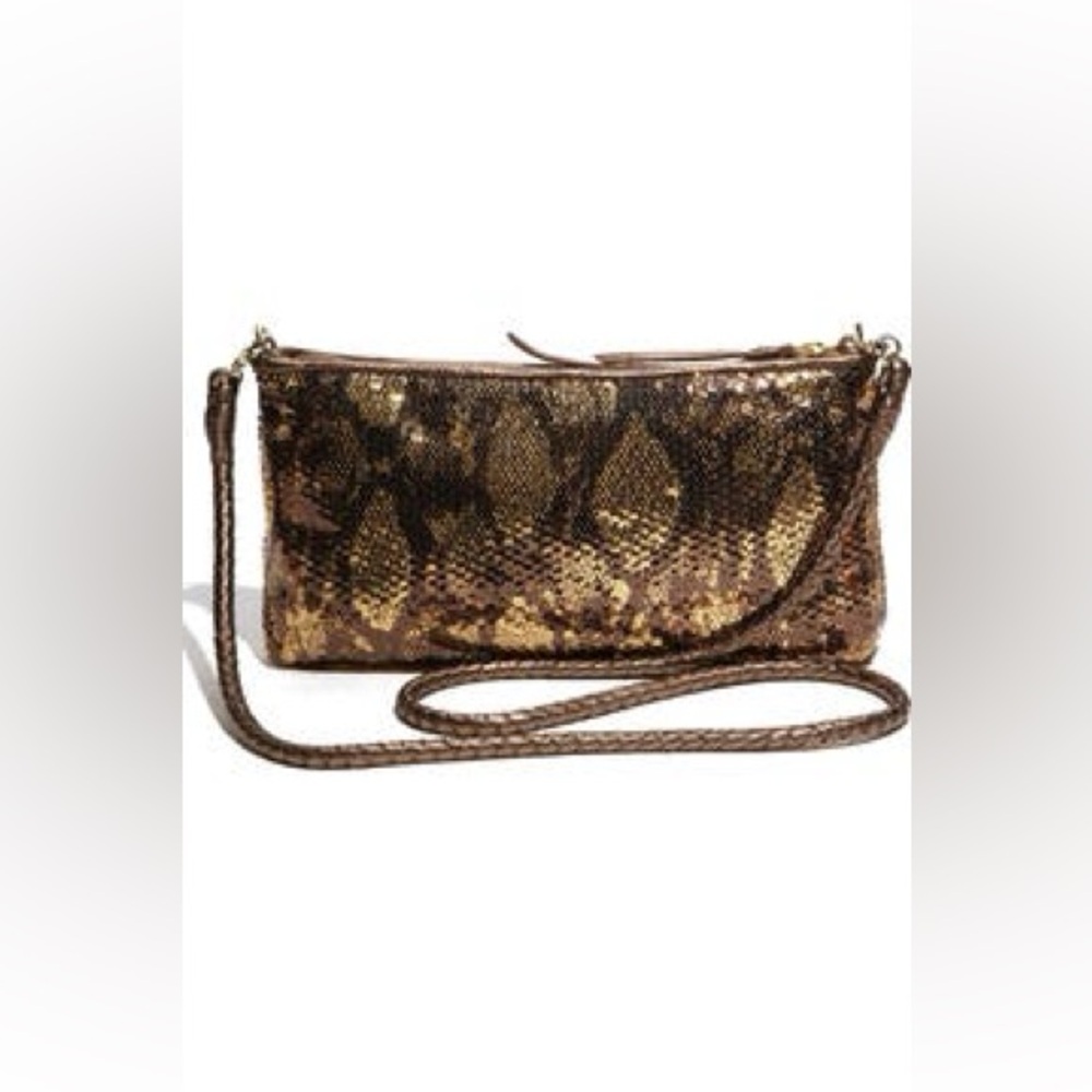 Elliott Lucca Leather 3 way Demi  Convertible Clutch Snakeskin Print Org.$128